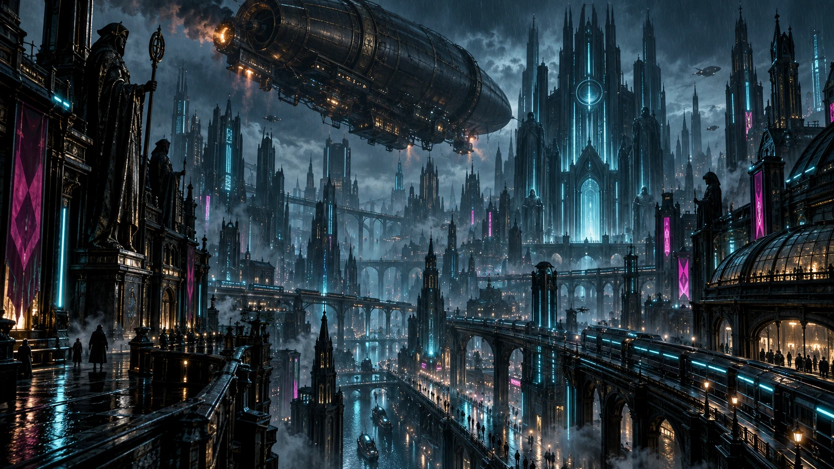 Rain-soaked cyberpunk towers glow cyan in the transformed south beneath an armored war airship